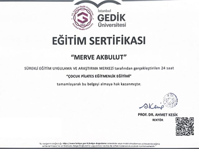 Çocuk Pilates Eğitmenlik Eğitimi Sertifikası Merve Akbulut