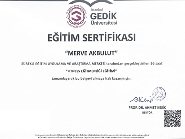 Fitness Eğitmenliği Eğitimi Sertifikası Merve Akbulut