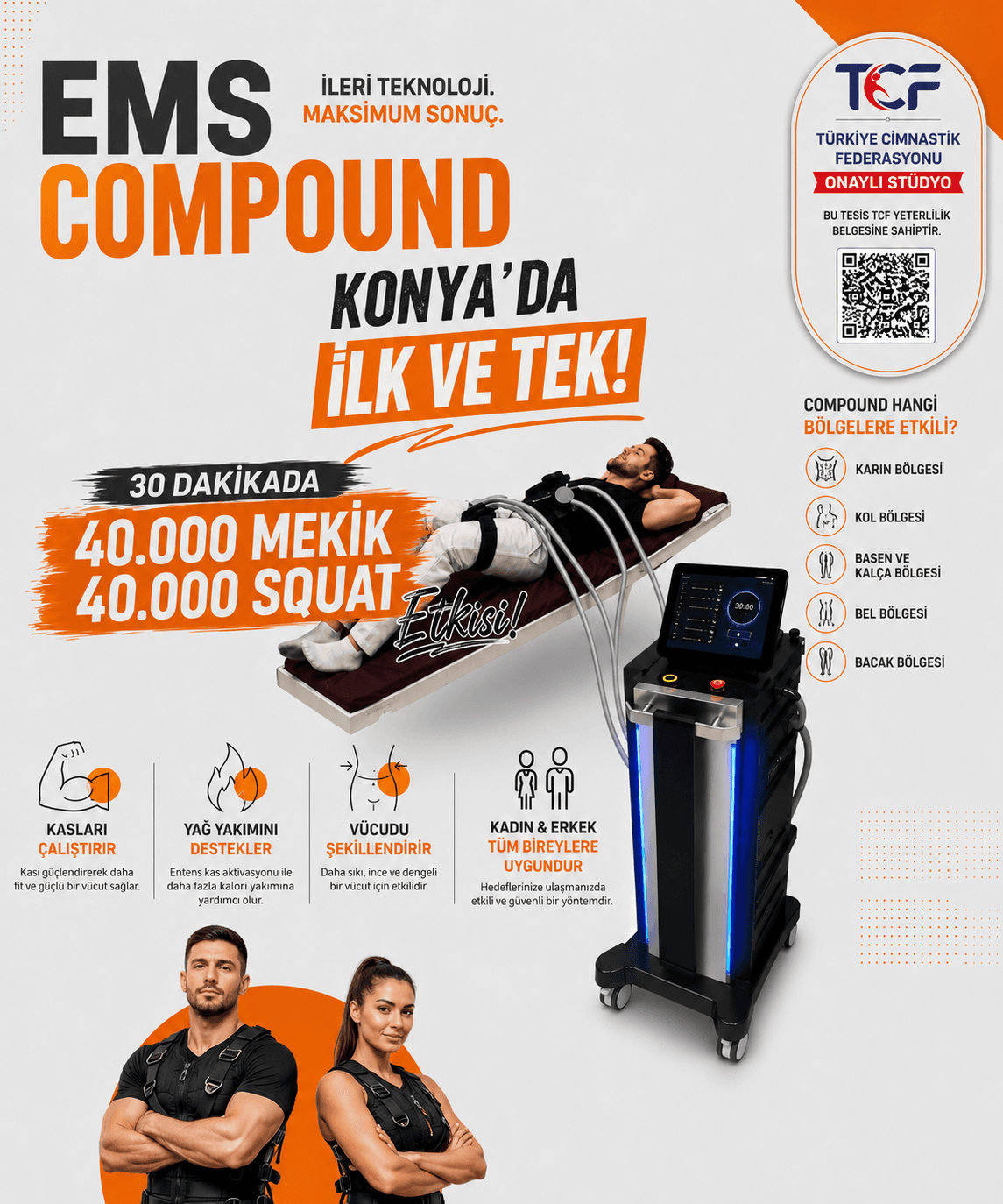 Promotional poster for EMS Compound workout in Konya: a man lies on an EMS training bed hooked to a machine, with bold orange/black text announcing '40,000 MEKİK 40,000 SQUAT' and athletes at the bottom.
